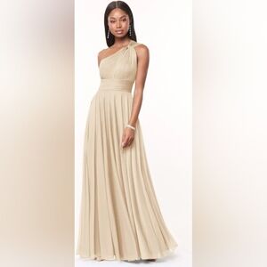 Azazie Charlize StretchChampagne A-Line One Shoulder Mesh Dress Size 2